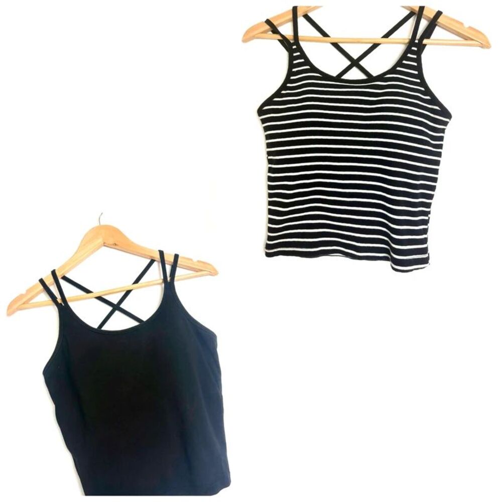 Bundle Set of 2 Ribbed Padded Camisole Tank Tops Cross Back Straps Size S/M